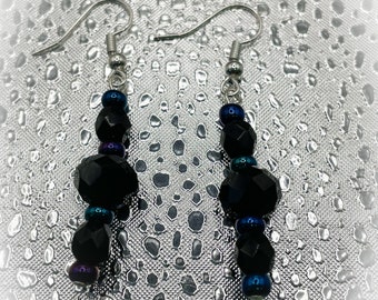 Iridescent Blue Seed Bead and Black Glass Faceted Bead Handmade Dangle Dropper Earrings for pierced ears-Ladies Gift-Gift for her