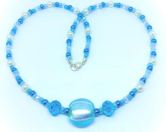 Light Blue Foiled Glass Bead Necklace, Crystal and Pearl
