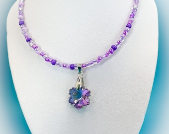 Lilac Purple Aurora Borealis Crystal Glass Flower Drop Pendant 16 in Necklace with purple flower crystal necklace & pink and purple beads