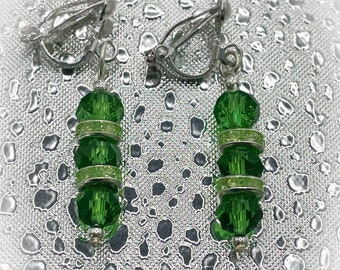Light Green Triple Faceted Crystal Glass with Green Diamanté Rondelle Beads Clip On Earrings for non pierced ears - gifts for her