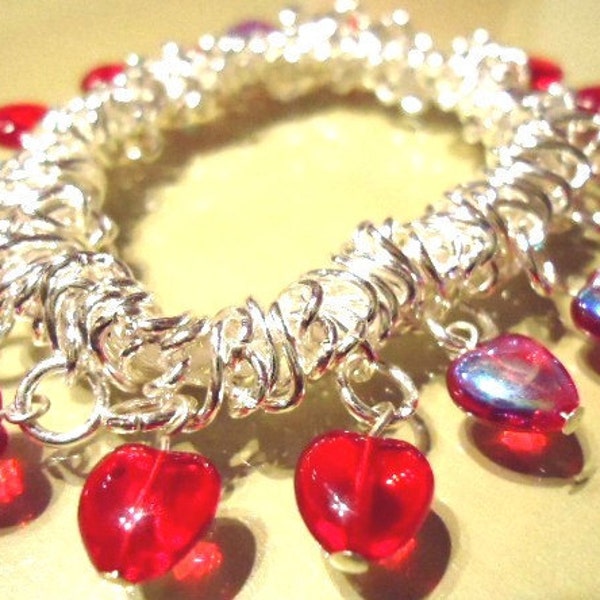Bright Red Aurora Borealis Glass Love Heart Elasticated Expanding Fashion Trend Bracelet - Ladies Jewellery-Gifts for her-Gifts for women