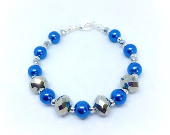 Handmade Blue Pearl & Faceted Crystal Bracelet - 7 Inch