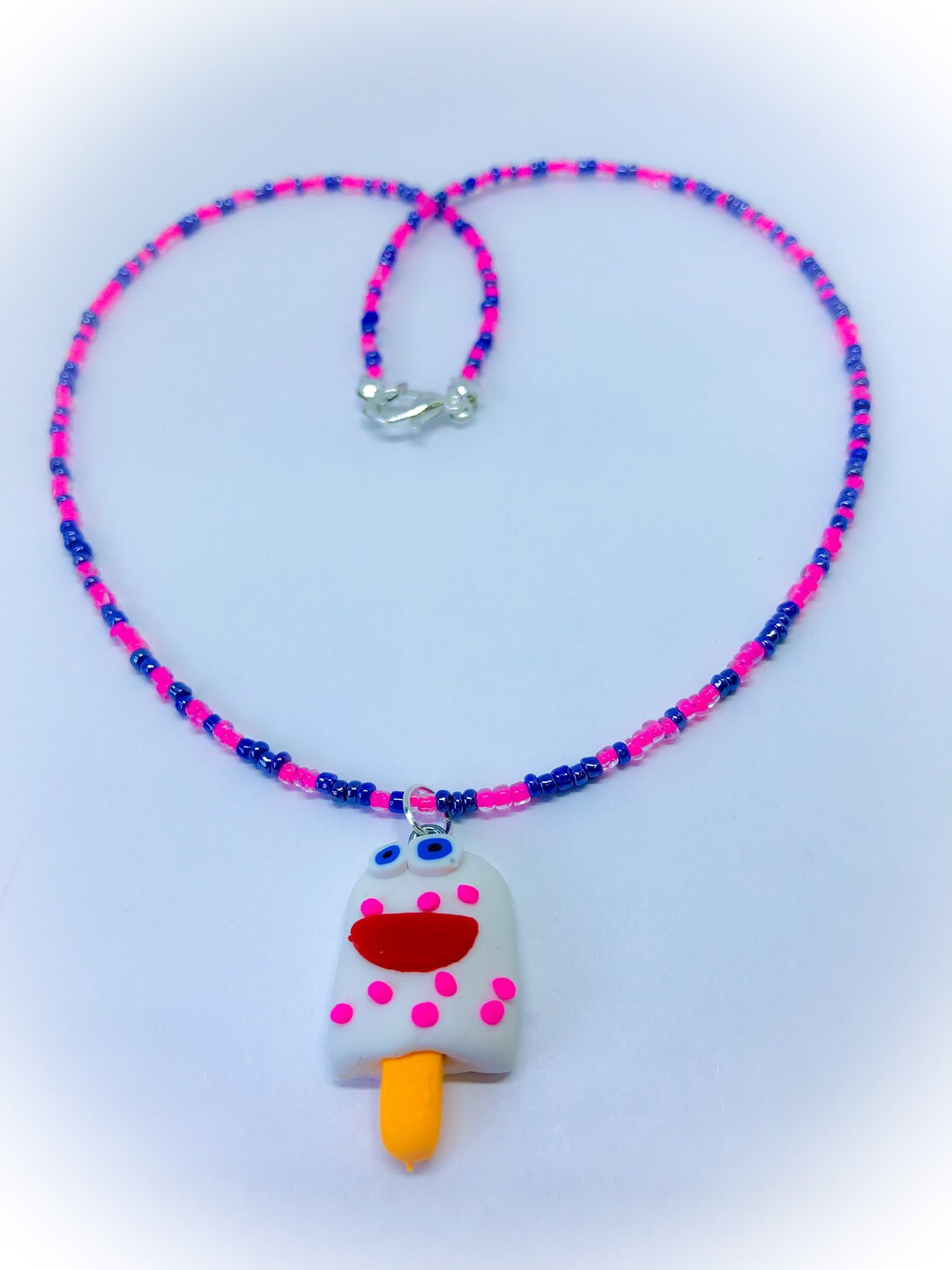 White Ice Lolly Fun Food Necklace of Pink & Purple Glass Beads With