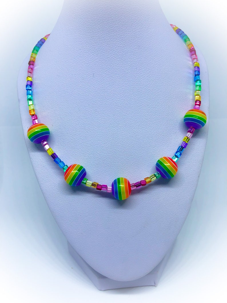 Rainbow multi colour handmade necklace & rainbow striped resin beads approx 16 inches multicolour glass bead necklace rainbow bead necklace Bild 3