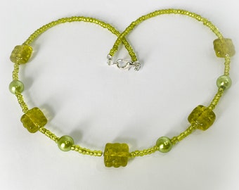 Lime Green Glass Crosshatch Pattern Bead Necklace with green pearl plastic beads and lime green glass seed beads handmade necklace