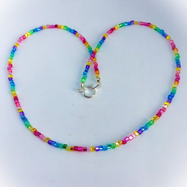 Rainbow multi colour handmade necklace approx 16 inches multicolour glass bead necklace ladies jewellery gift for her rainbow bead necklace