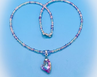 Lilac Purple Crystal Glass Funky Heart Handmade Necklace purple pink blue clear glass seed beads funky heart pendant crystal heart necklace