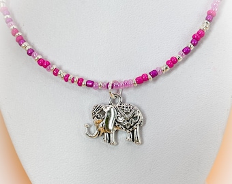 Elephant Pendant Necklace with Pink and Purple & Silver Colour Seed Beads app 16 inches gift for her Ladies Handmade Necklace