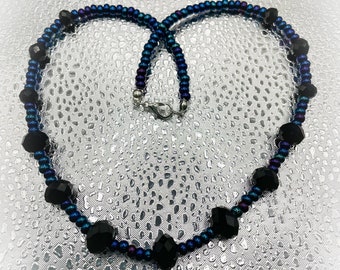 Iridescent Blue Seed Bead and Black Glass Faceted Bead Handmade Necklace 16 inch Handmade Necklace-Ladies Gift-Gift for her