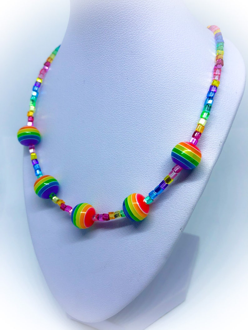 Rainbow multi colour handmade necklace & rainbow striped resin beads approx 16 inches multicolour glass bead necklace rainbow bead necklace Bild 4