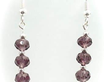 Dark Purple Crystal Dangle Earrings, Faceted Briolette Beads