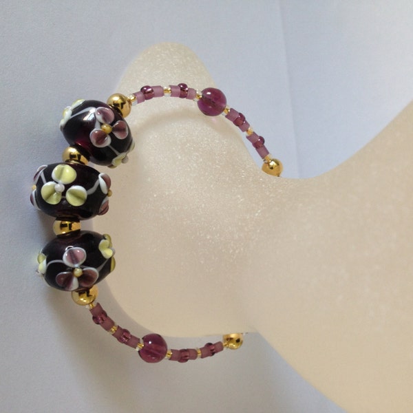 Bracelet Handmade Purple Glass Lampwork Bead Flower by JulieDeeleyJewellery on Etsy