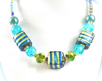 Handmade Striped Bead Necklace, Turquoise Crackle Glass, 16 inch