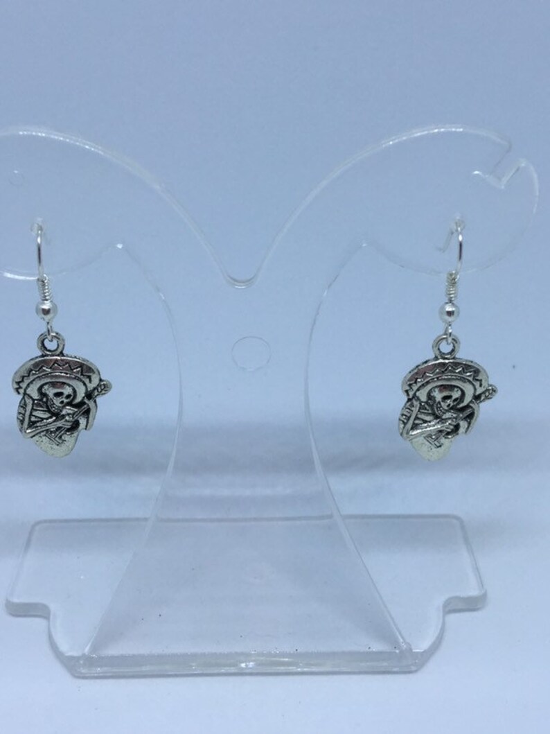 Day of the Dead Earrings, Dia De Los Muertos Earrings ,Skeleton in sombrero playing guitar charm earrings for pierced ears gifts for her image 2