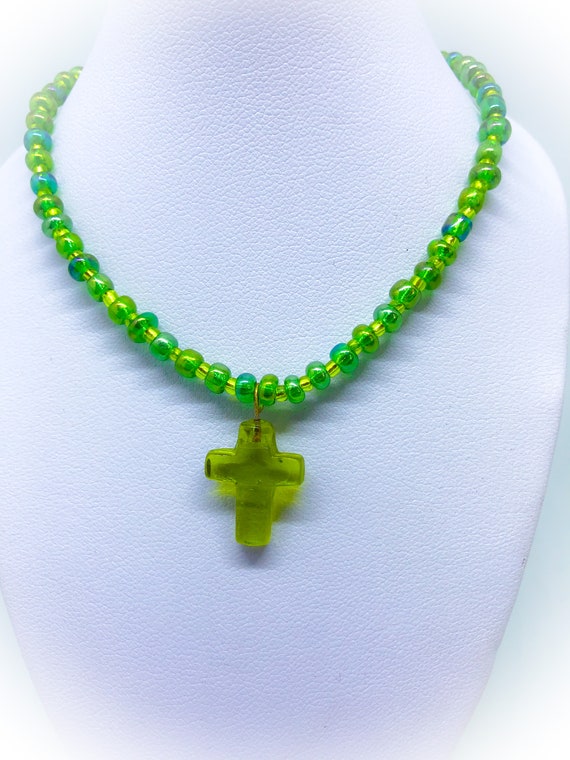 Lime Green Glass Cross And Seed Bead Rocaille Pendant 18 Inch - 18 Inch Necklace With Pendant