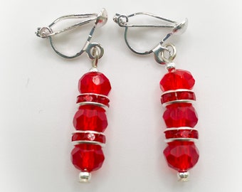 Red Triple Faceted Crystal Glass with Red Diamanté Rondelle Beads Clip On Earrings for non pierced ears - gifts for her ladies clip ons