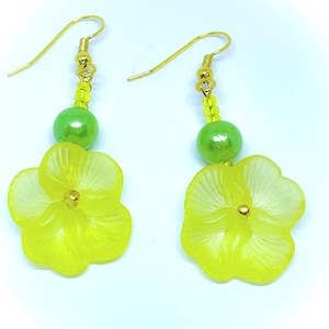 Yellow Pansy Flower Earrings with Green Pearl Beads and yellow glass seed beads dangle dropper earrings handmade gifts for her floral gift