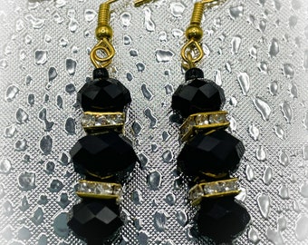 Jet Black Faceted Crystal and Clear Crystal Rondelle Bead Dangle Dropper Earrings for people with pierced ears ladies gift handmade earrings