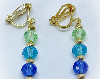 Green, Turquoise and Dark Blue Ombre Faceted Crystal Triple Dropper Clip On Earrings Green Crystal Dangle Dropper Clip On Earrings for her