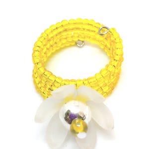 Handmade Yellow Seed Bead Statement Ring with White Lucite Flower, UK Size T
