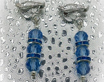 Mid Blue Triple Faceted Crystal Glass with Dark Blue Diamanté Rondelle Beads Clip On Earrings for non pierced ears - gifts for her