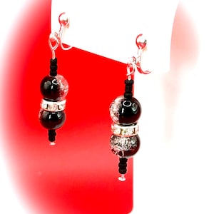 Black and Clear Crackle Glass Double Bead Handmade Clip On Earrings with Clear Glass Rondelles for non pierced ears dangle drop earrings
