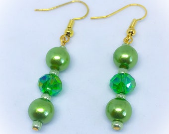 Peridot green colour faceted Glass Crystal Pearl Bead Handmade Earrings for pierced ears-Gifts for women-Gifts for her-Ladies Jewellery