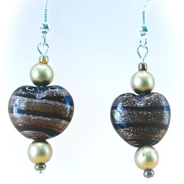 Glass Heart Dangle Earrings, Goldstone Trail, Pierced Ears