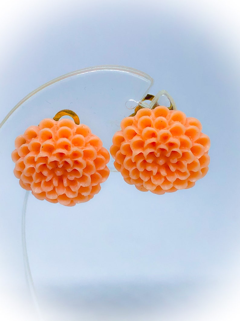 Peach Resin Chrysanthemum Flower Clip On Earrings by Etsy