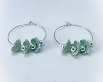 Light Mint Green Flower Dropper Dangler Handmade Silver Colour 30mm Hoop Earrings Floral Hoop Earrings gift for her ladies jewellery
