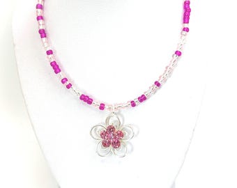 Pink Rhinestone Daisy Pendant Necklace, Beaded Flower Necklace