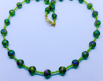 Emerald Green and Gold Colour Glass Necklace with Round faceted spotty dotty glass beads approx 18 inches with green and gold seed beads