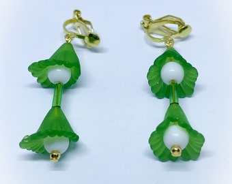 Green Acrylic Flower and White Plastic Round Bead and Green Bugle Bead Dangle Dropper Clip On Earrings for non-pierced ears