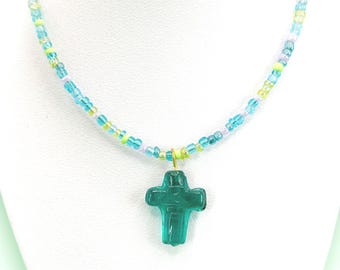 Handmade Seed Bead Necklace with Teal Glass Cross Pendant, 16 inch