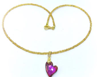 Pink Crystal Heart Necklace, Gold Seed Bead, 16 in Handmade Necklace