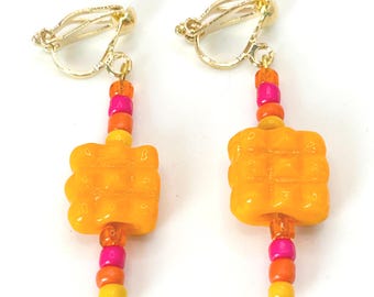 Orange Crosshatch Glass Bead Clip On Earrings, Non Pierced