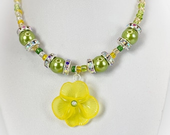 Yellow Pansy Flower Necklace Pendant with crystal rondelles and yellow green & gold and silver colour beads 18 inch Necklace-Gifts for women