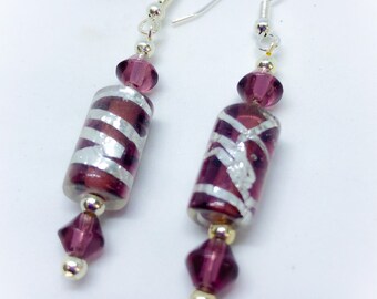 Amethyst Purple Glass with Silver Colour Foil Stripe Bead Dangle Dropper Earrings for pierced ears handmade earrings gift for her