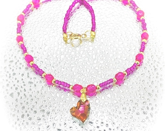 Handmade Pink Crystal Heart Necklace, Bright Seed Beads, 16 inch