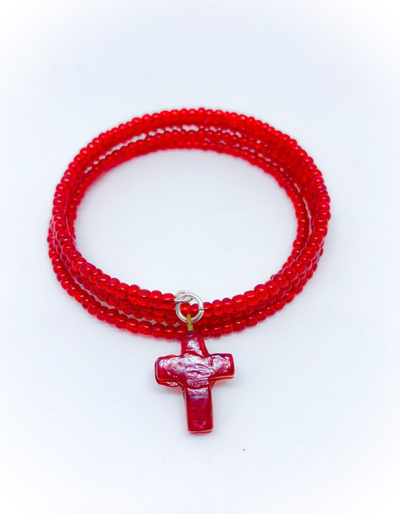 Red Cross Bracelet With Red Glass Seed Bead Bracelet Memory Wire