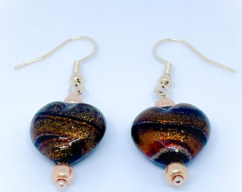 Black and Gold colour Glass Heart bead with goldstone trail dangler dropper earrings for pierced ears handmade earrings ladies jewellery