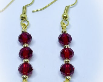 Dark Red Triple Crystal Faceted Crystal Dangle Dropper Earrings for pierced ears handmade dark red earrings dark red droppers red danglers