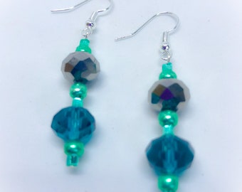 Teal Green Crystal and Grey Faceted Crystal Dangle Dropper Earrings for pierced ears handmade teal earrings teal droppers teal danglers