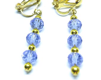 Lilac Crystal Clip On Earrings, Gold Dangle Earrings, Non Pierced