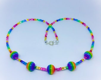 Rainbow multi colour handmade necklace & rainbow striped resin beads approx 16 inches multicolour glass bead necklace rainbow bead necklace