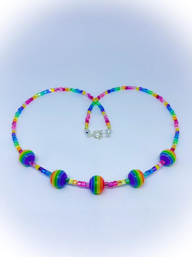 Rainbow multi colour handmade necklace & rainbow striped resin beads approx 16 inches multicolour glass bead necklace rainbow bead necklace Bild 1
