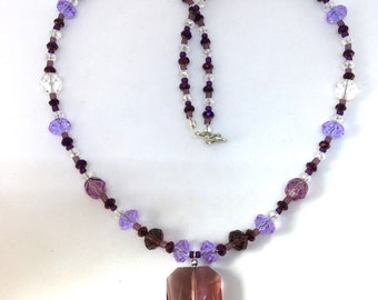 Purple and lilac glass and crystal dropper necklace Ladies gift handmade necklace gifts for her purple glass necklace