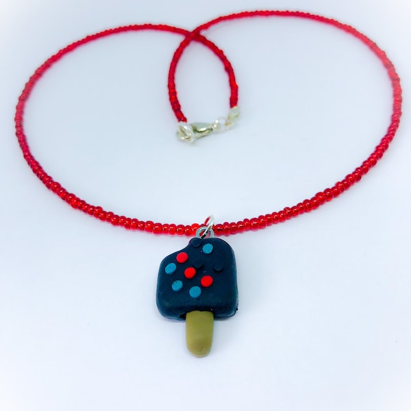 Black Ice Lolly Fun Food Necklace of red glass beads with polymer clay black ice lolly novelty fun food charm gift for her novelty necklace