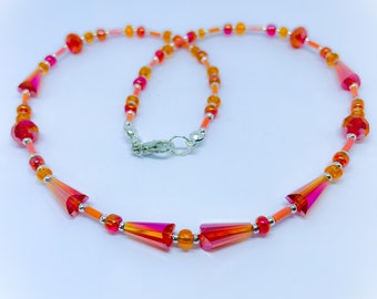 Orange and red crystal beads and faceted crystal beads 18 inch necklace with orange and red aurora borealis seed beads orange bugle beads