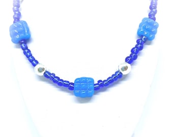 Blue Glass Crosshatch Bead Necklace, Silver Colour Accent Beads, 16 Inch